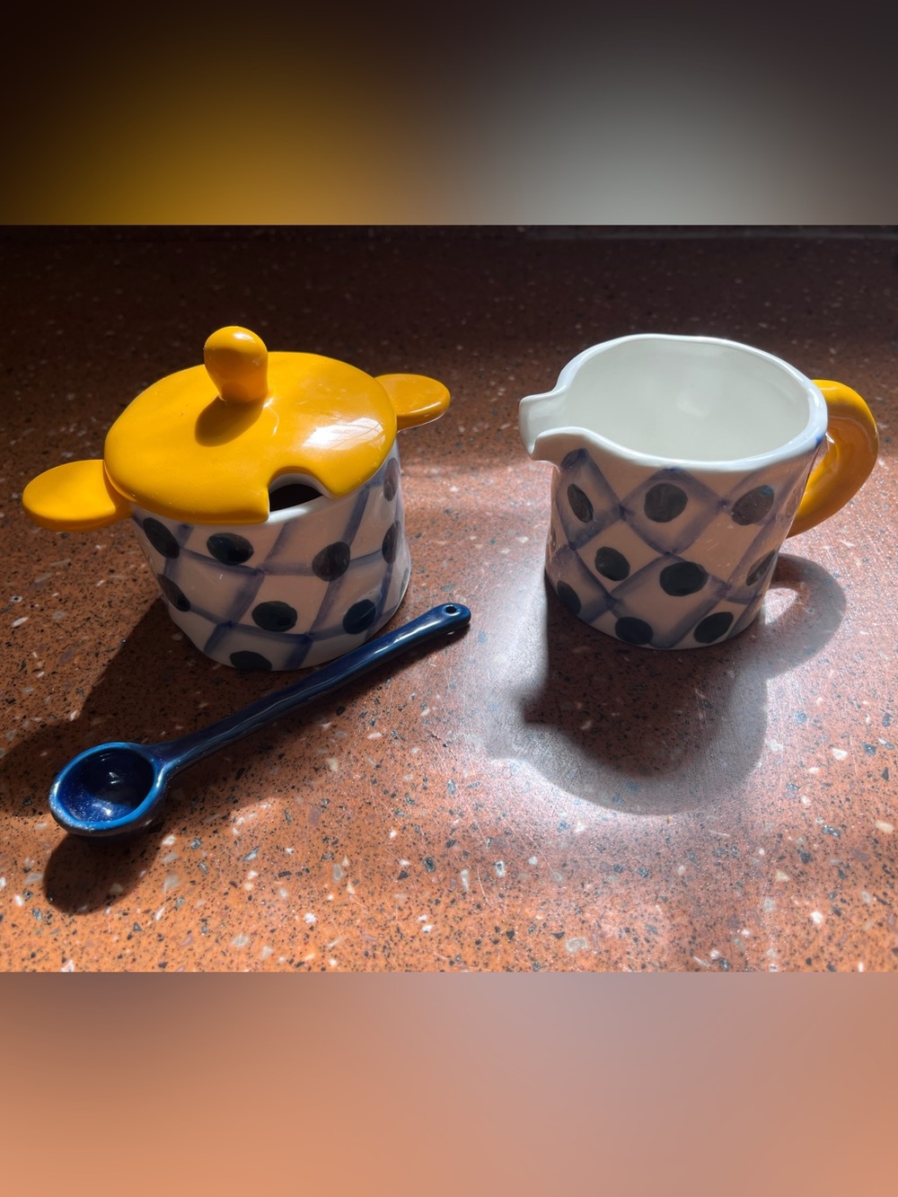 Anthropologie Ceramic Blue Dot Sugar Bowl and Creamer Set with Yellow Lid